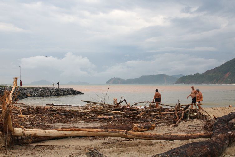 São Sebastião (SP), 21/02/2023, Troncos de árvores e água do mar barrenta na praia de Boiçucanga após enchentes e deslizamentos no litoral norte de São Paulo.