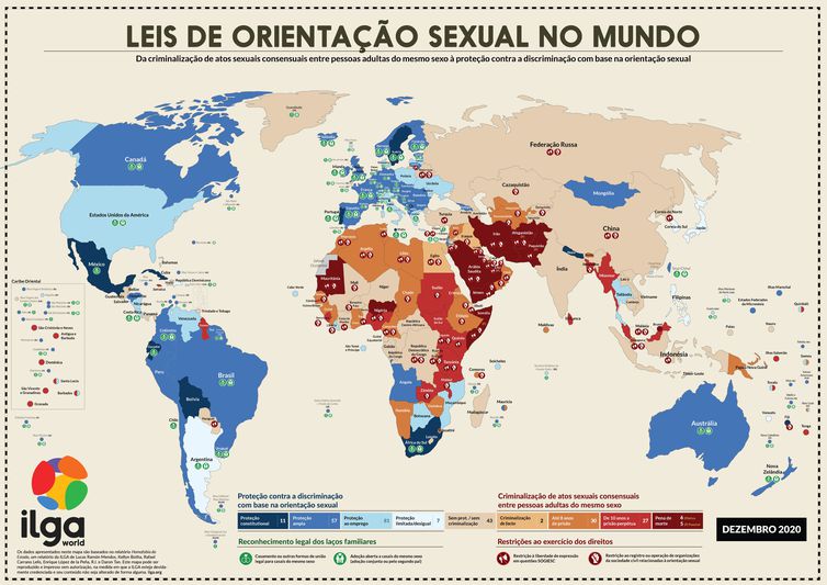 Rio de Janeitro (RJ) - LGBTfobia que chegou nas caravelas se enraizou com colonização. - Em vermelho, países que criminalizavam a homossexualidade em 2020. Arte:Associação Internacional de Gays e Lésbicas (ILGA)/ Divulgação