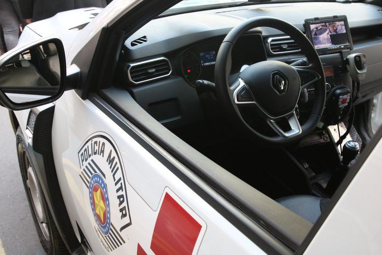 Viatura da Polícia Militar com câmeras instaladas e conectadas ao sistema de monitoramento Detecta Móvel, no Quartel do Comando Geral da Polícia Militar do Estado de São Paulo, em Bom Retiro.